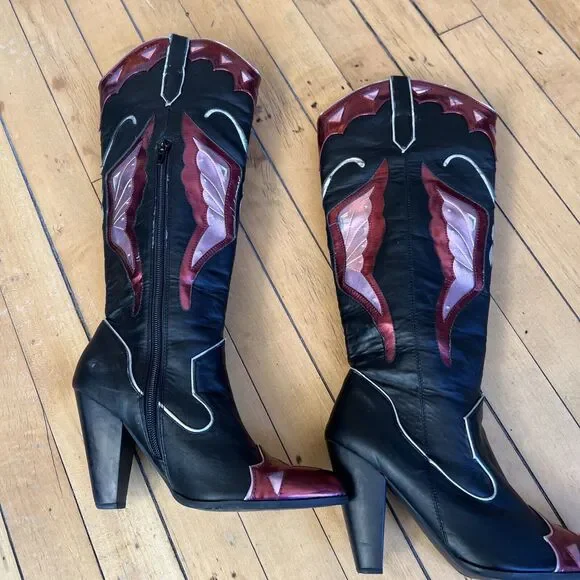 Current Mood Black Pink Shimmer Butterfly Cowboy Boots Size 6 - Picture 5 of 11